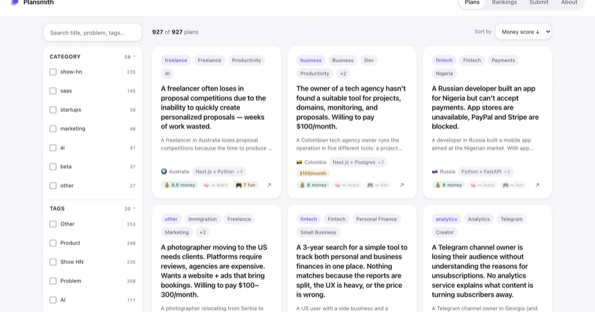 Plansmith, a live product built with AI-OS: a search and filter UI over a corpus of 900+ real product-idea plans, each scored for money, learning and fun potential.